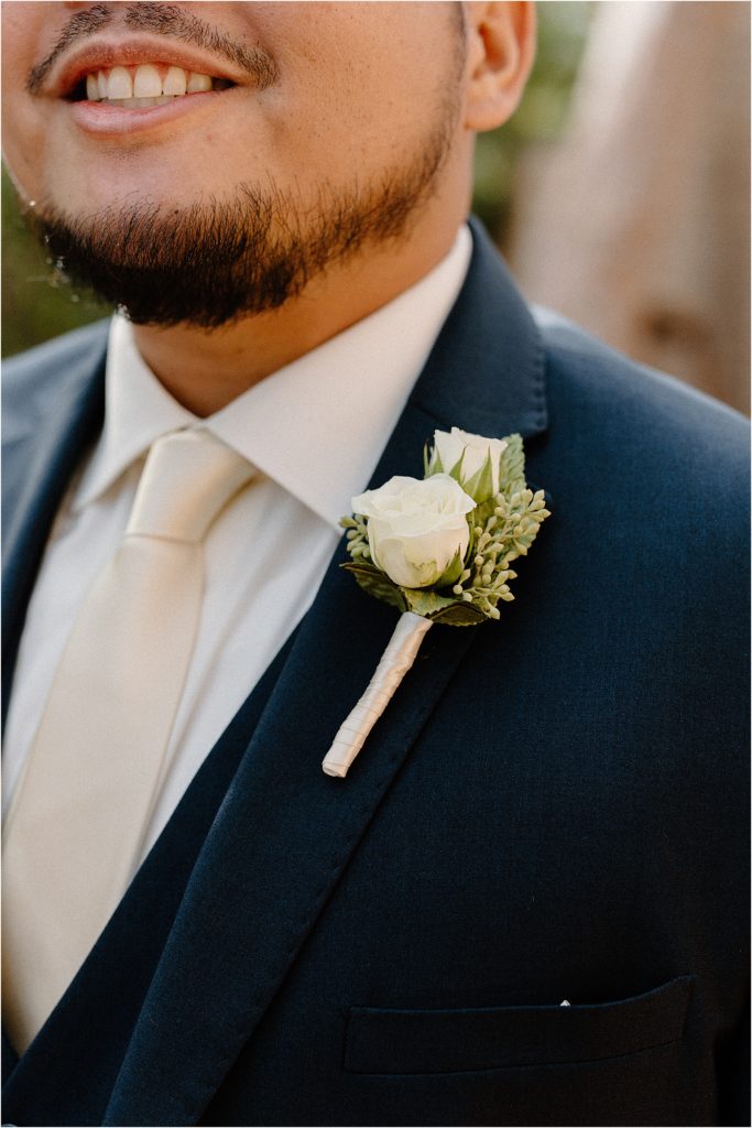 boutonniere close up at backyard palm springs wedding venue