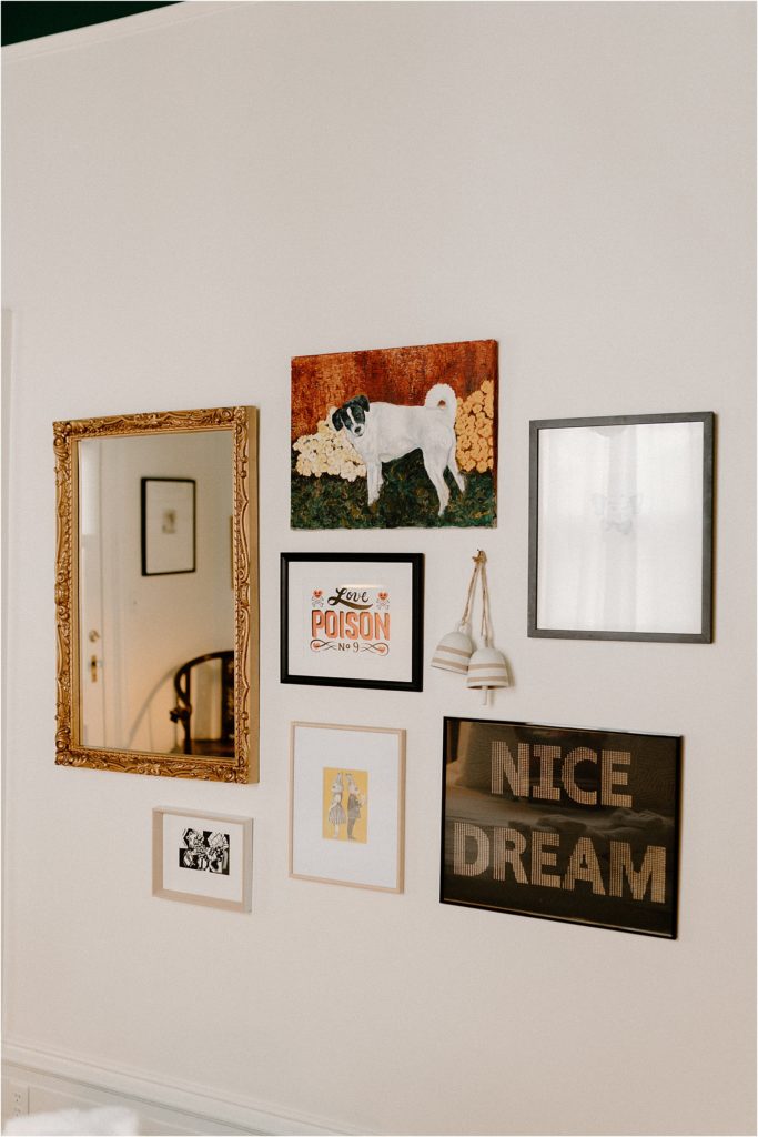 Gingerbread House Wedding Venue Gallery wall with dog print and mirror